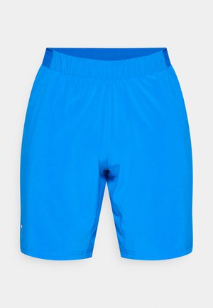Blå atletikshorts med elastisk talje, glat tekstur og uden synlige mønstre eller detaljer, designet til komfort og ydeevne.