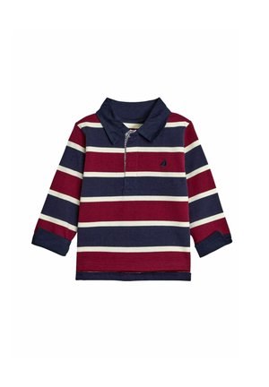 Gestreiftes Langarm-Polohemd in Rot, Marineblau und Weiß; mit Kragen und Knopfleiste; verfügt über ein kleines Segelboot-Logo auf der Brust.