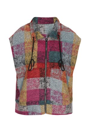 Jachetă fără mâneci, colorată, cu un model în carouri, cu fermoar, având nuanțe de roz, gri, galben și turcoaz. Textură moale, cu guler și șnururi.