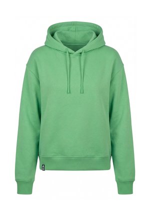 Grüner Pullover-Hoodie mit vorderen Kordelzügen, gerippten Bündchen und Saum, dargestellt vor weißem Hintergrund.