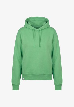 Grüner Pullover-Hoodie mit vorderen Kordelzügen, gerippten Bündchen und Saum, dargestellt vor weißem Hintergrund.