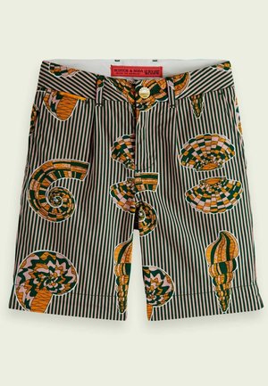 Herreshorts med lodrette sorte og beige striber, dekoreret med store orange, grønne og pink muslingemønstre, knaplukning foran og bæltestropper.