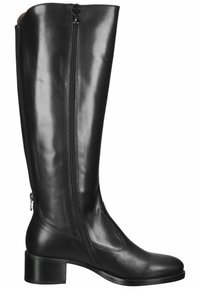 Botte en cuir noir montante avec un bout légèrement arrondi, deux zips latéraux et un petit talon bloc. Fini lisse avec une texture subtile.