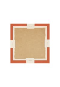 Sciarpa beige con un motivo circolare ripetuto, bordata da una cornice arancione e riflessi di colori chiari, con etichette del marchio agli angoli.