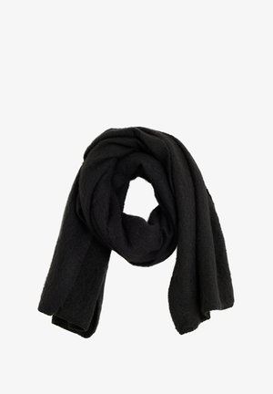 Bufanda negra hecha de un tejido suave y texturizado. Está enrollada en forma circular, presentando una superficie lisa y sin herrajes visibles.