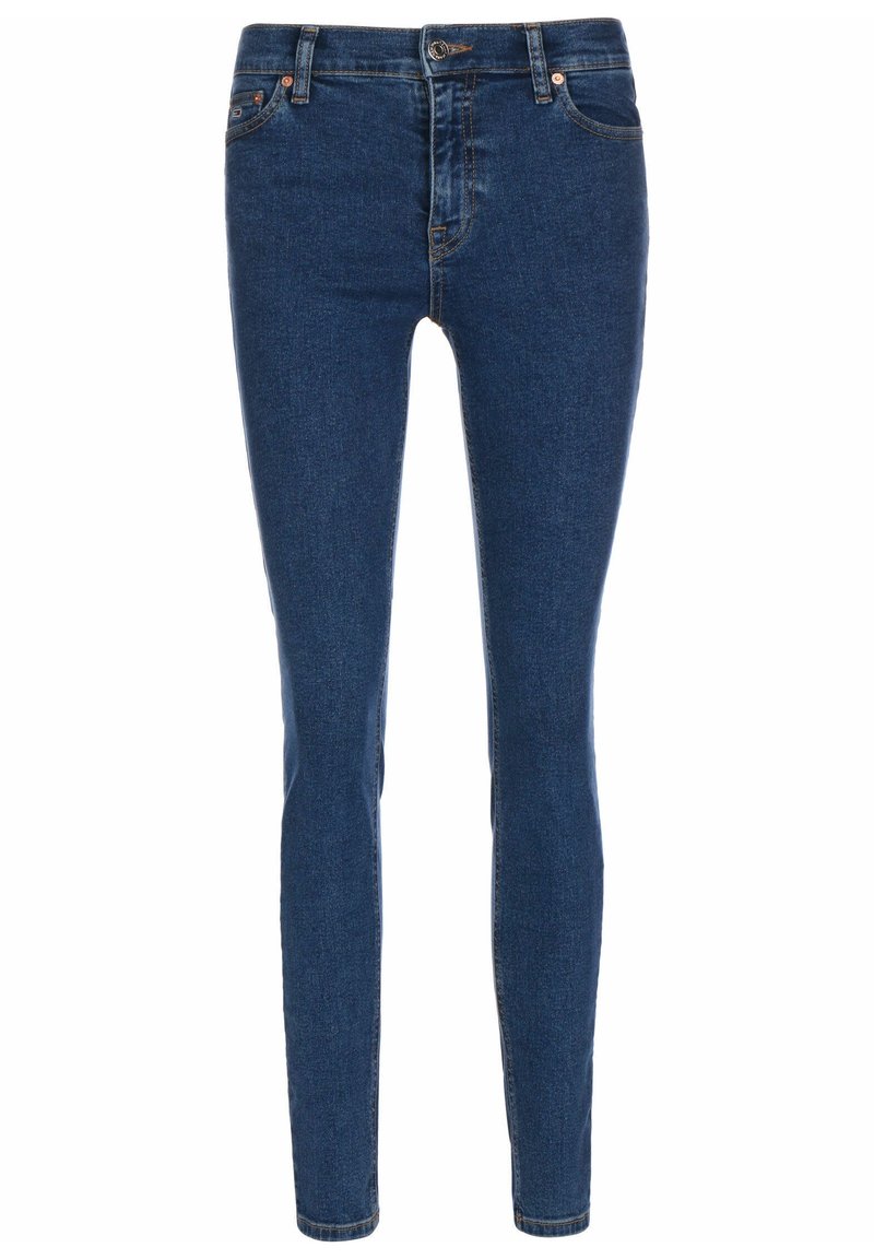 Tmavě modré úzké džíny z denimu, s páskem se středním pasem, pěti kapsami a detaily z měděného kovu.