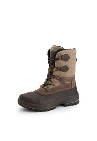 Bruine winterlaars met een waterdichte rubberen basis, bovenwerk van vilt, gestructureerde stof en vetersluiting. Voorzien van een nep-bontkraag en een robuuste zool.