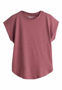 Damen-T-Shirt mit kurzen Ärmeln in staubigem Rosé, locker geschnitten, mit rundem Ausschnitt und dezent geschwungenem Saum.