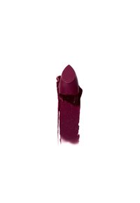 Rouge à lèvres bourgogne avec une finition lisse et brillante, doté d'une pointe arrondie et d'un bord incliné, partiellement étalé pour mettre en valeur la texture.