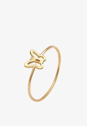 Guldfarvet metalring med en tynd band og et sommerfuglmotiv på toppen, der har et åbent design og poleret finish.