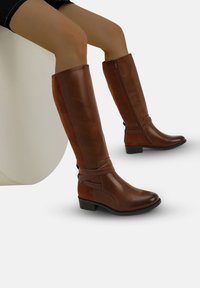 Botas marrones de cuero liso y ante hasta la rodilla, con cremallera lateral, detalles de correas y un tacón bajo.