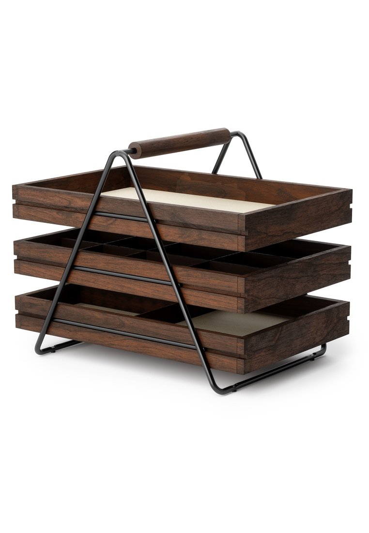 Drewniana organizacja do przechowywania z trzema piętrowymi pojemnikami. Ciemne wykończenie drewna, czarna metalowa rama i drewniany uchwyt. Gładka powierzchnia z przegródkami.