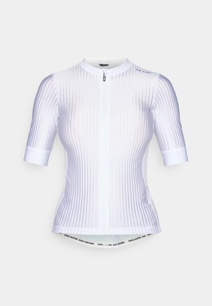 White cycling jersey with short sleeves, featuring vertical ribbed texture, zip closure, and contrasting blue accents on shoulders.