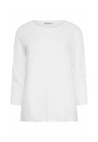 Chemise blanche à manches longues avec encolure ronde et coupe décontractée présentée sur un fond blanc uni.