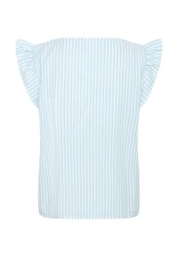 Top a righe blu chiaro e bianche con maniche corte a volant, realizzato in un tessuto liscio. Il design presenta una vestibilità morbida e un collo rotondo.