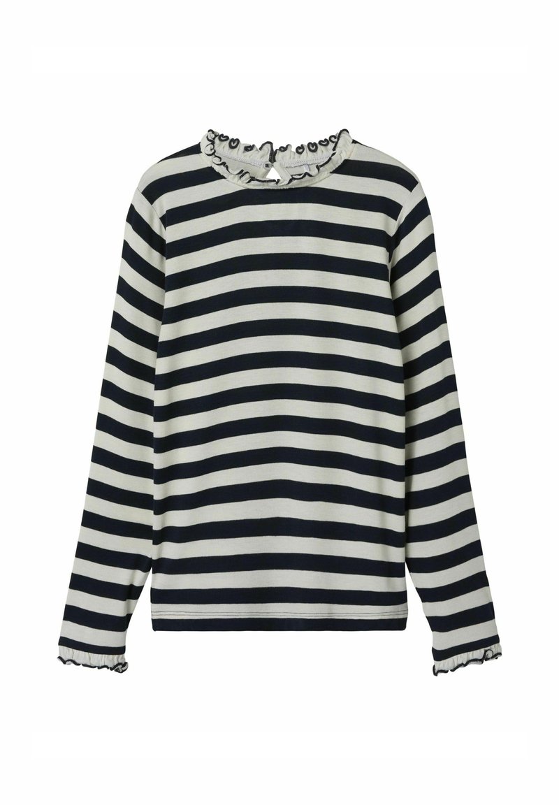 Długi rękaw, bluzka w granatowo-kremowy paski, z falbaną przy dekolcie i mankietach z falbaniastym wykończeniem.