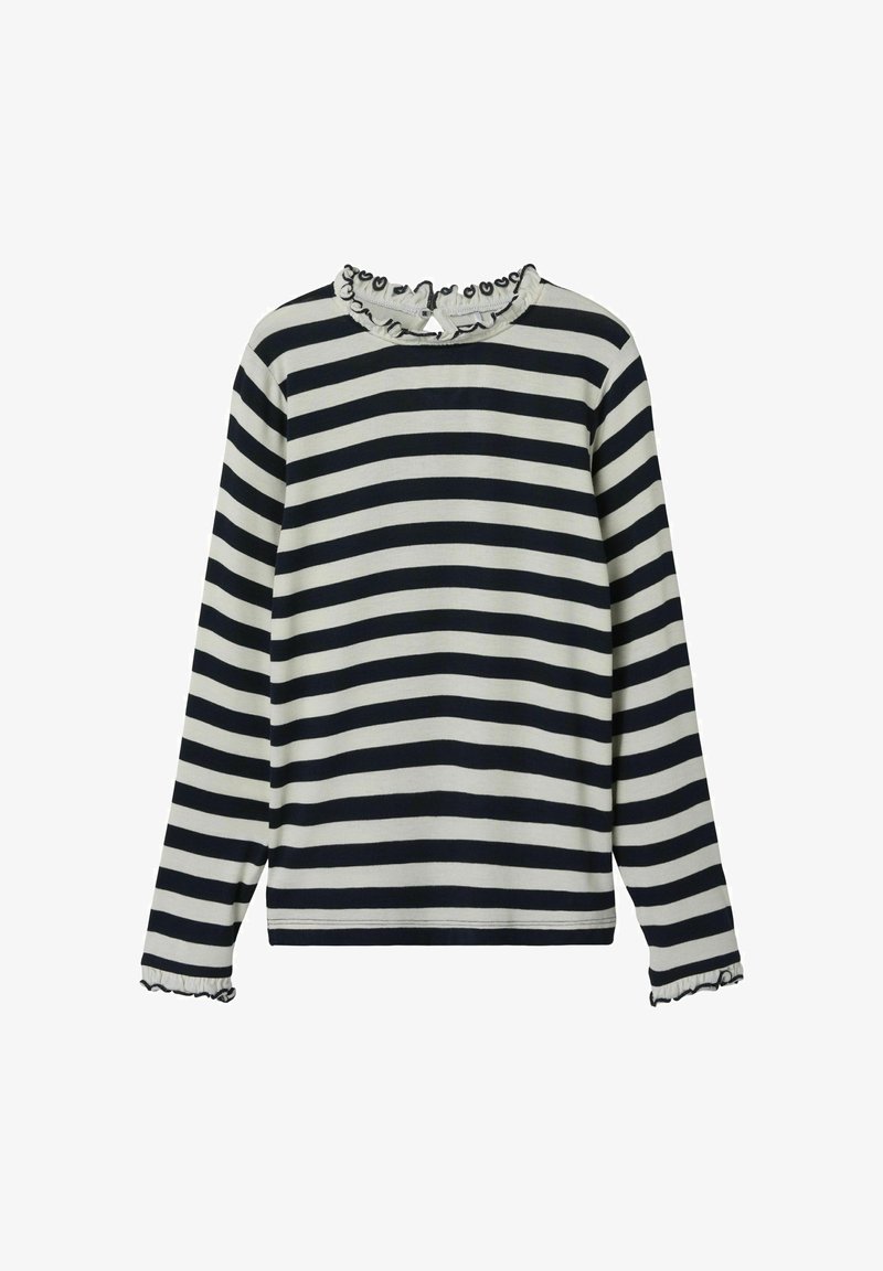 Długi rękaw, bluzka w granatowo-kremowy paski, z falbaną przy dekolcie i mankietach z falbaniastym wykończeniem.