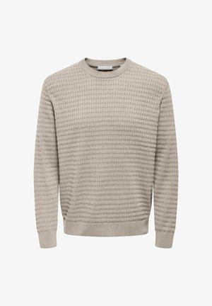 Helebeež kudumiga kampsun, millel on tekstuuriga muster, ümar kaelus ning soonilised varruka- ja allääred. Lõdvestunud lõige ja keskmise kaaluga kangas.