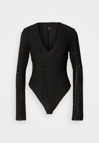 Musta body, jossa on pitkät hihat, V-kaula-aukko, teksturoidut pitsikuvio ja slim fit -malli. Sisältää hienostuneita yksityiskohtia ja aaltoilevat reunat.