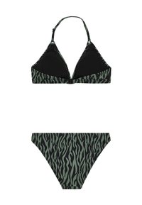 Bikini komplektas su juodai žaliai dryžuota tigro rašto raštu; trikampis viršus su reguliuojamomis petnešėlėmis ir apačia su paprastu kirpimu.