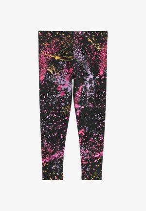 Sorte leggings med pink, lilla og orange farvesprøjt og stjernemønstre på stoffet.