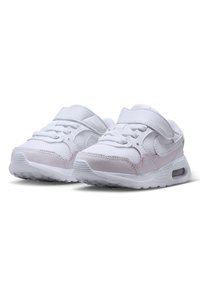 Zapatillas deportivas blancas con acentos rosas, que cuentan con materiales de malla y cuero, tiras de velcro y una suela de goma texturizada.