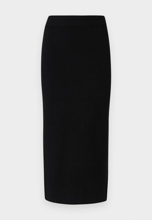 Black knit midi skirt with a fitted silhouette, featuring a wide elastic waistband and smooth texture, no discernible patterns or accents.