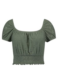 Zelený bavlněný crop top s krátkými puff rukávy, čtvercovým výstřihem, smockovým pasem a vyšívaným vzorem s oky po celém povrchu.