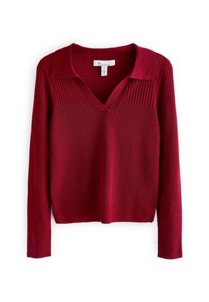 Ciemnoczerwony sweter z dzianiny o długim rękawie, z prążkowaną teksturą, dekoltem w serek i miękkim kołnierzem, rozmiar mały.