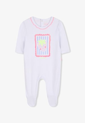 Body bianco per neonati con maniche lunghe, gambe chiuse, bordatura smerlata rosa e una grafica di fragola sorridente incorniciata da strisce rosa e blu.