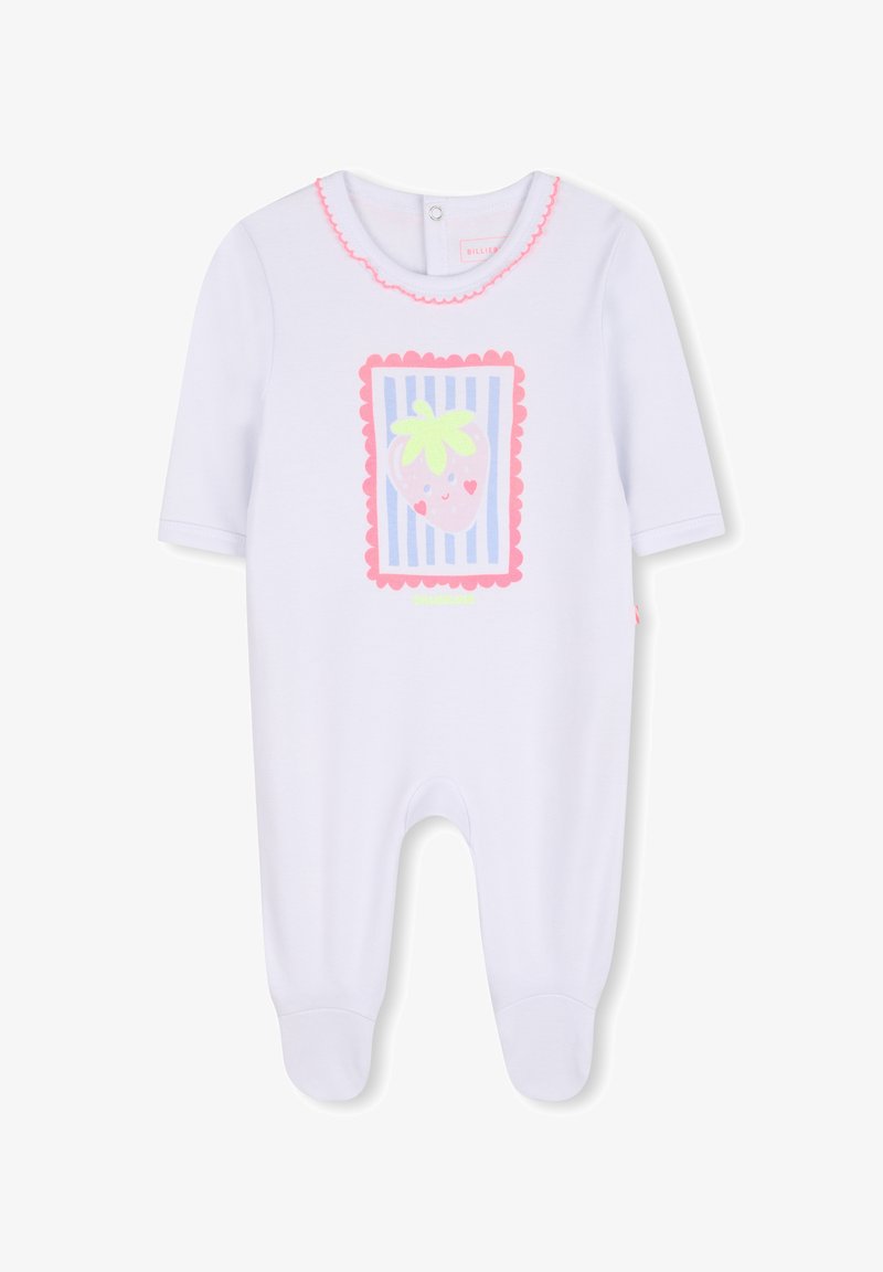 Body blanc pour bébé à manches longues, jambes couvrantes, bordure festonnée rose, avec un motif de fraise souriante encadré de rayures roses et bleues.