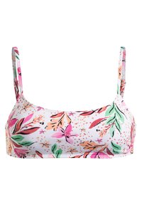 Blomstret bikini top med tynde stropper, der har en hvid base, livlige pink og grønne blomsterdesigns samt et glat, strækbart stof.