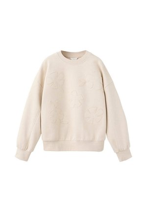Sweat-shirt beige à manches longues avec poignets et ourlet côtelés, avec des motifs floraux abstraits cousus sur le devant.