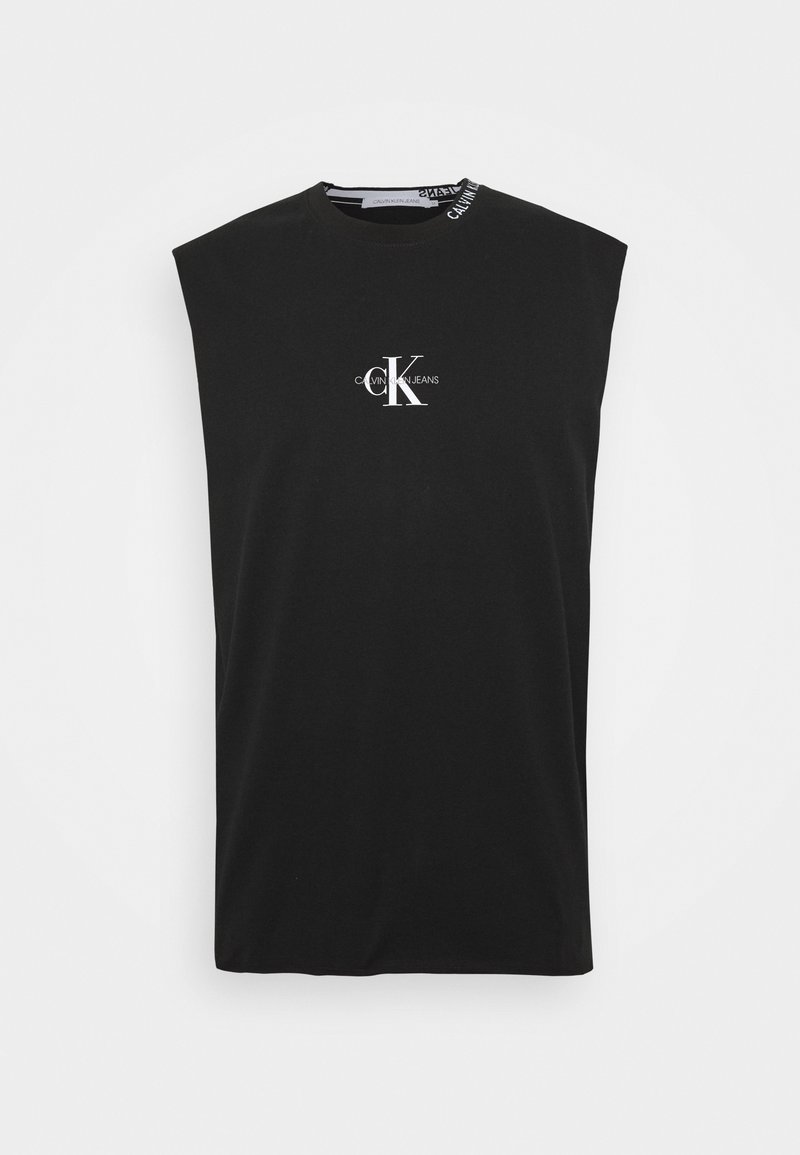 Haut noir sans manches avec logo blanc "CK Calvin Klein Jeans" centré sur la poitrine et petit détail de marque au col.