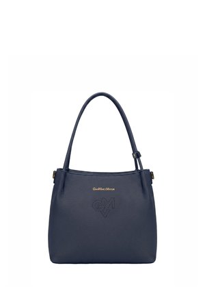 Borsa in pelle blu navy con doppi manici a tracolla e piccolo logo dorato con scritta "Gian Marco Venturi" sul davanti.