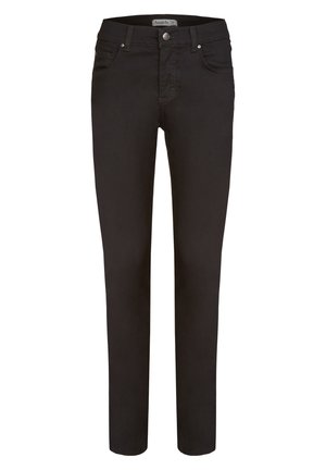 Schwarze Jeans aus einem Baumwollmischgewebe, mit klassischem Fünf-Taschen-Design, Reißverschluss und kontrastierenden Nähten. Schmaler Schnitt.