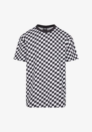 Black and white checkered short-sleeve t-shirt. Made from soft fabric with a round neckline and a contrasting collar.