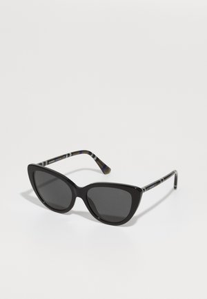 Black cat-eye sunglasses with dark lenses. The arms feature a translucent design with blue accents and a vertical striped pattern.