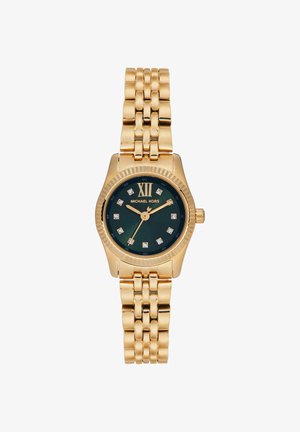 Goldfarbene Michael Kors Armbanduhr mit schwarzem Zifferblatt, römischer Zahl XII, Kristall-Stundenmarkierungen und verbundenem Metallarmband.