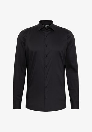 Schwarzes Langarmhemd aus glattem Stoff, mit klassischem Kragen, Knopfleiste vorne und geknöpften Manschetten. Schlichtes und elegantes Design.