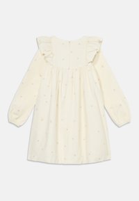 Rochie crem cu mânecă lungă, cu un guler cu volane, broderie florală și închidere cu buton la spate. Formă A-line fluidă.