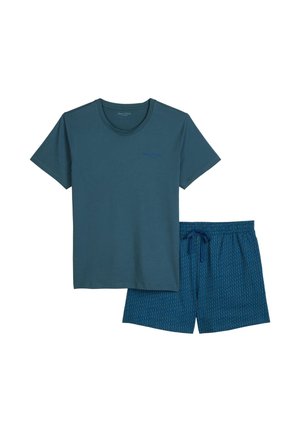 T-shirt à manches courtes bleu sarcelle foncé associé à un short à cordon bleu sarcelle à motif, vue à plat sur fond blanc.