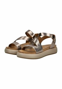 Metallisch bronzen sandalen met meerdere gekruiste bandjes, verstelbare enkelgesp en een lichtbruine, gevoerde zool voor comfort.