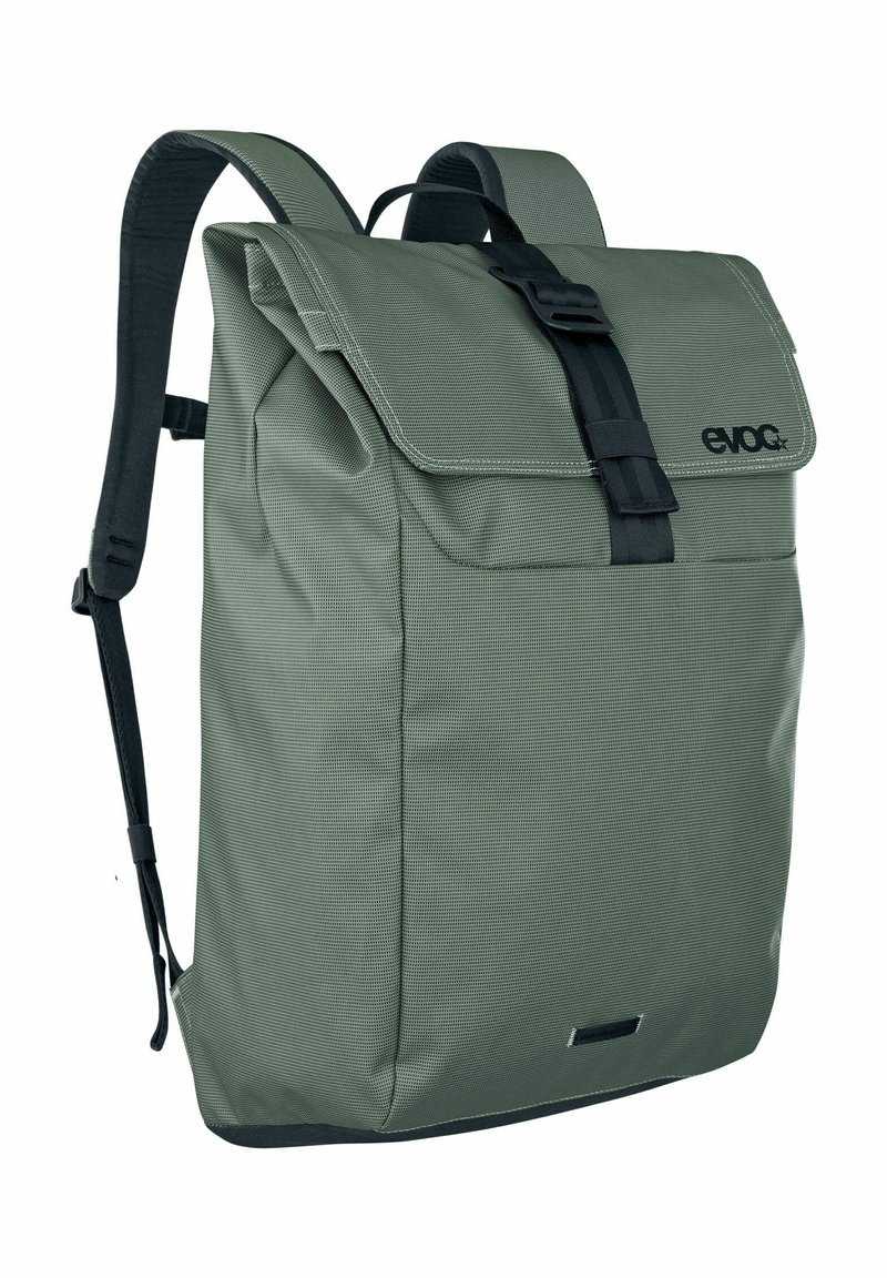 Green, textured fabric backpack with a roll-top closure, adjustable straps, and a front buckle. Features a logo in the upper corner.