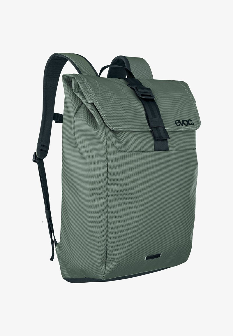 Green, textured fabric backpack with a roll-top closure, adjustable straps, and a front buckle. Features a logo in the upper corner.