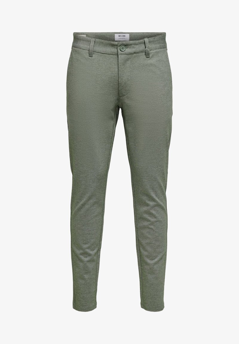 Pantalon vert slim pour homme avec fermeture par boutons, passants de ceinture et poches avant, en tissu texturé.
