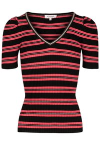 Haut rayé en tissu côtelé, avec manches courtes et col en V. Les couleurs incluent le noir, le rose et des accents argentés le long du col.