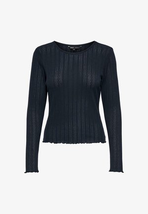 Maglietta a maniche lunghe in maglia blu navy con texture a coste orizzontali, scollo rotondo e orlo arricciato con sottili dettagli di openwork.