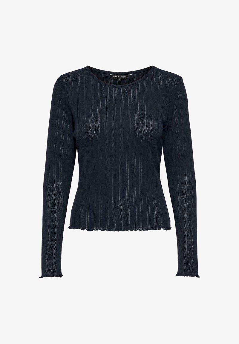 Długi rękaw, granatowy sweter dzianinowy z poziomą teksturą, okrągłym dekoltem i falbaniastym dołem z subtelnymi detalami openwork.