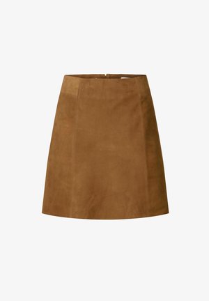 Rjava nubuk mini krilo s ravnim rezom, ki ima gladko teksturo in zadrgo na hrbtu. Enostaven dizajn brez dodatnih okraskov.